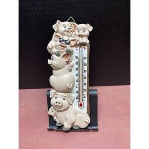 Spoontique Happy Pigs 7.5" Thermometer Resin Wall Hanging Farmhouse Country Vtg